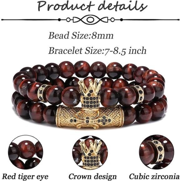 Mens Womens Crown King Bracelet Set Natural Tiger Eye Black Onyx Stone Beads - Picture 3 of 8